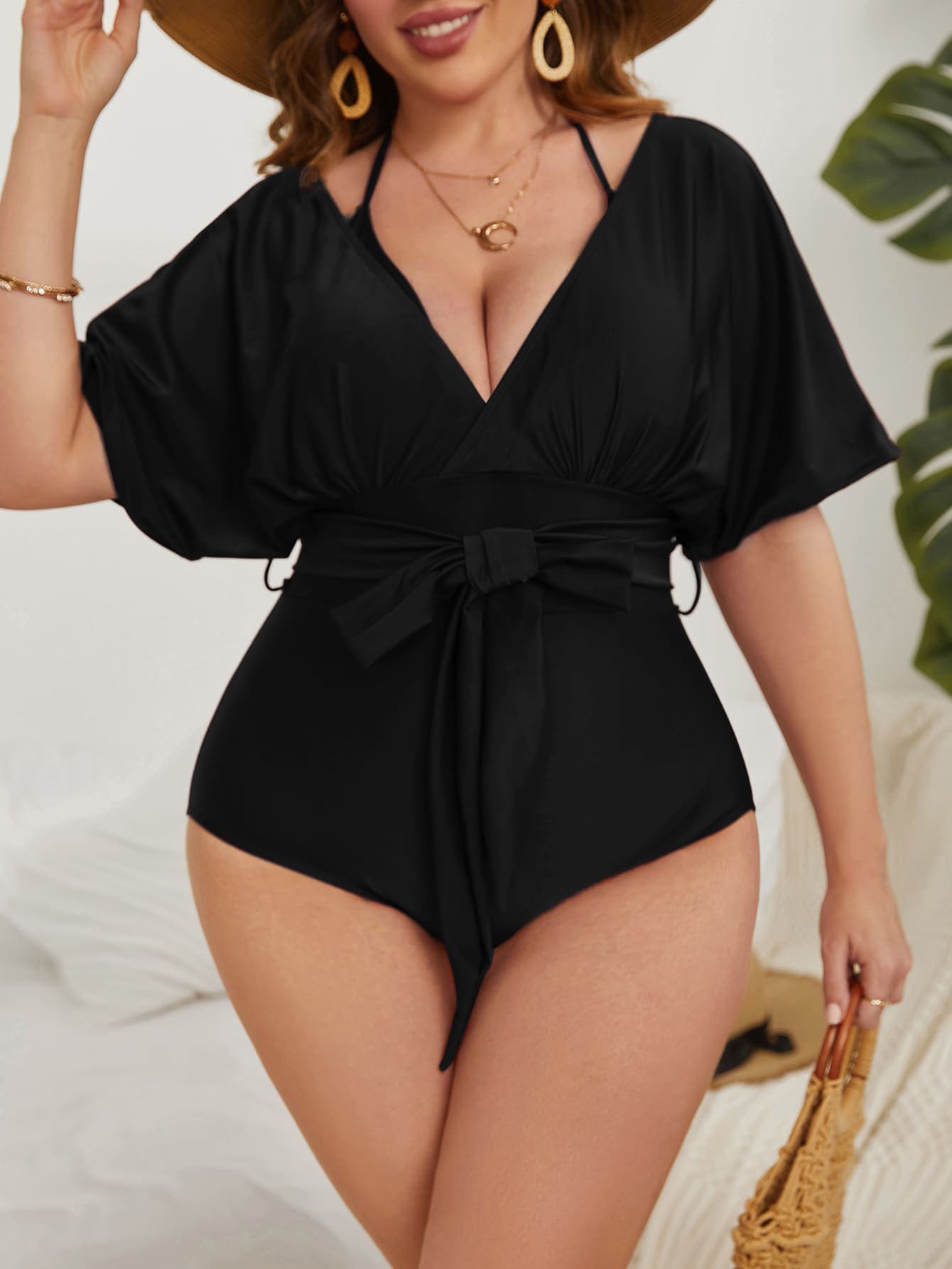 Maiô Plus Size Feminino com Manga e Cinto