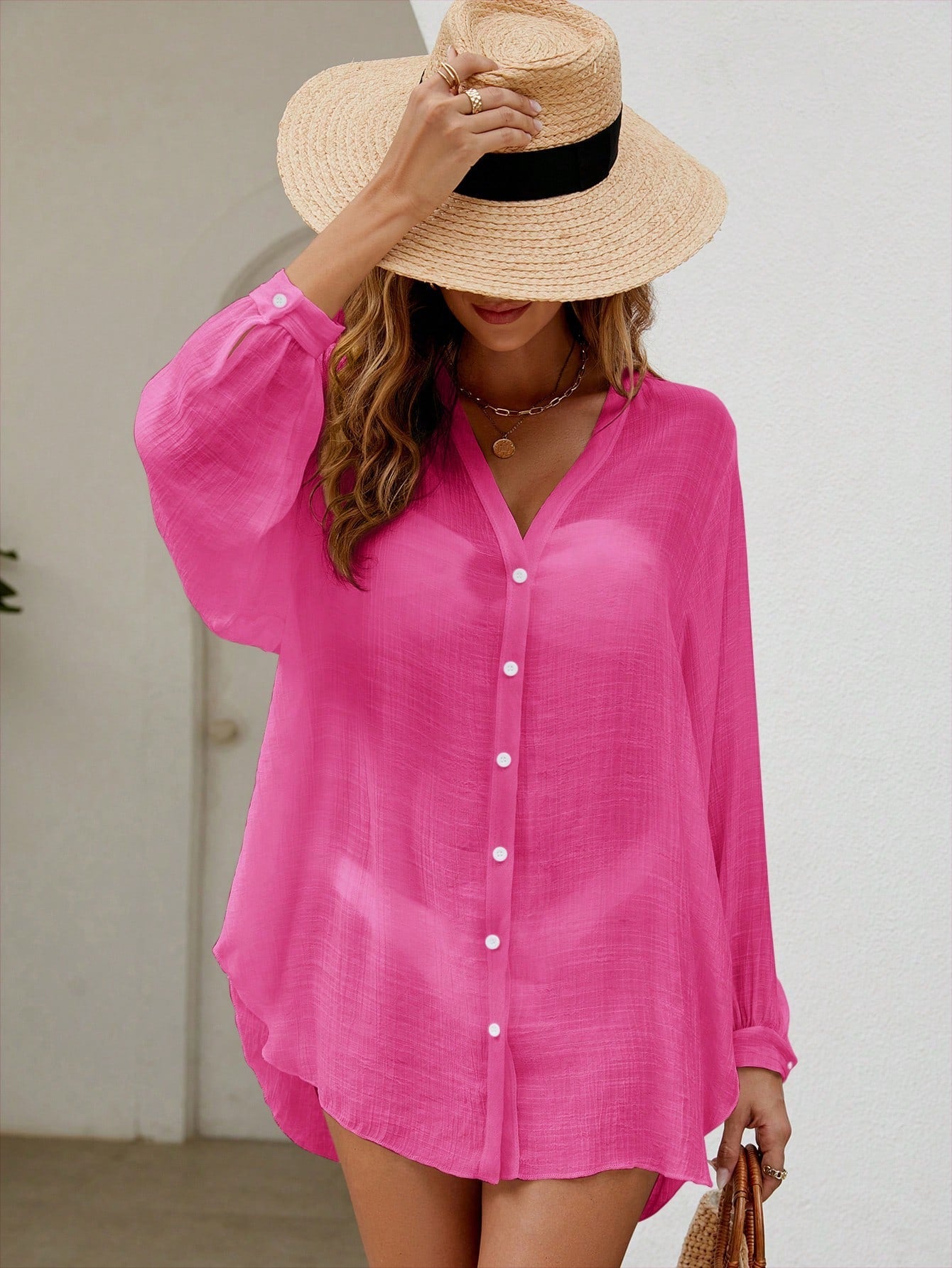 Saída de Praia Camisa com Botões Transparente