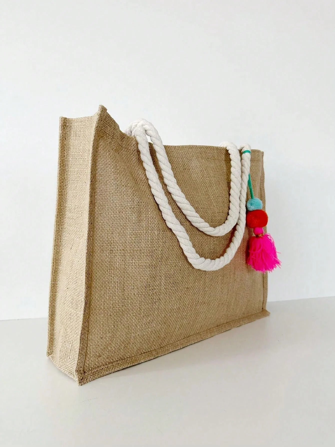 Bolsa de Praia de Palha de Juta com Chaveiro