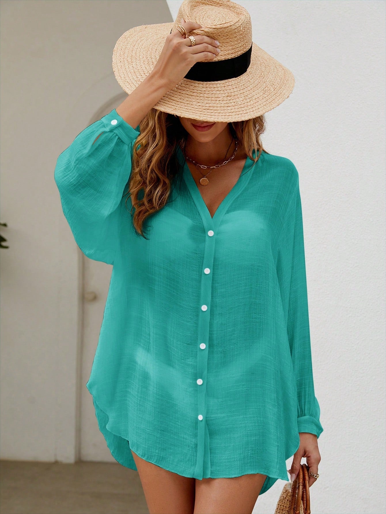 Saída de Praia Camisa com Botões Transparente