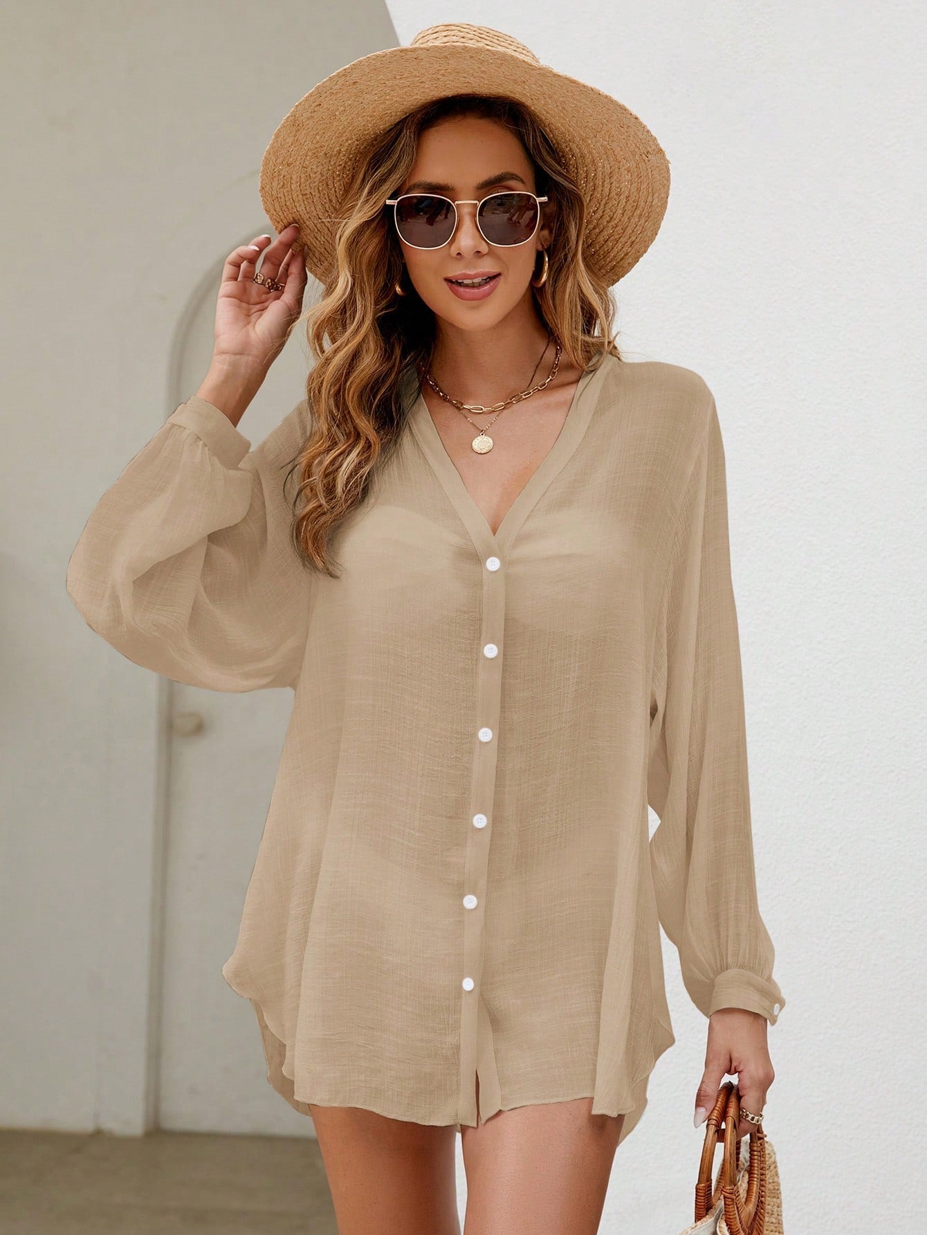 Saída de Praia Camisa com Botões Transparente