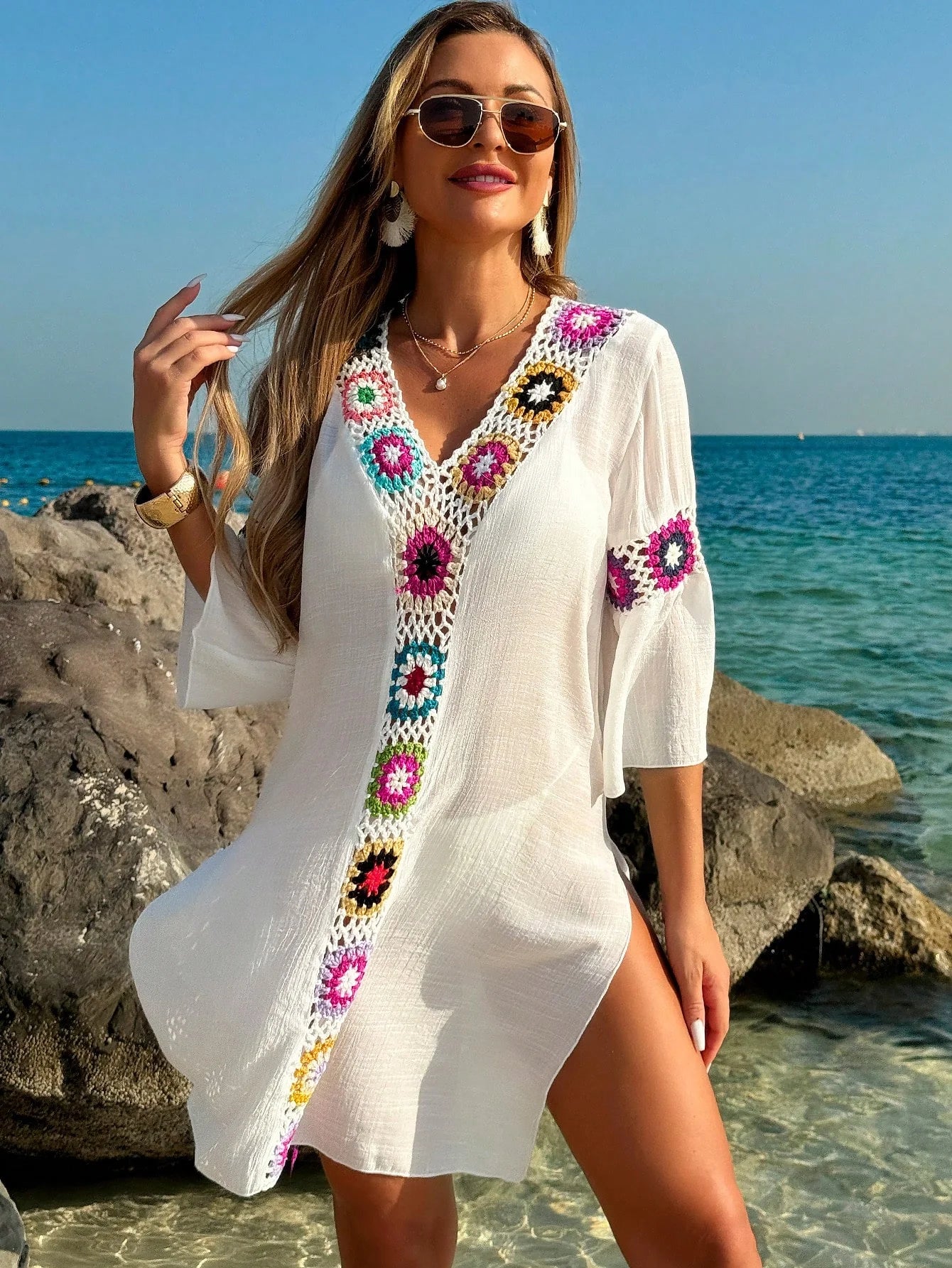 Saída de Praia Vestido Meia Manga com Fenda