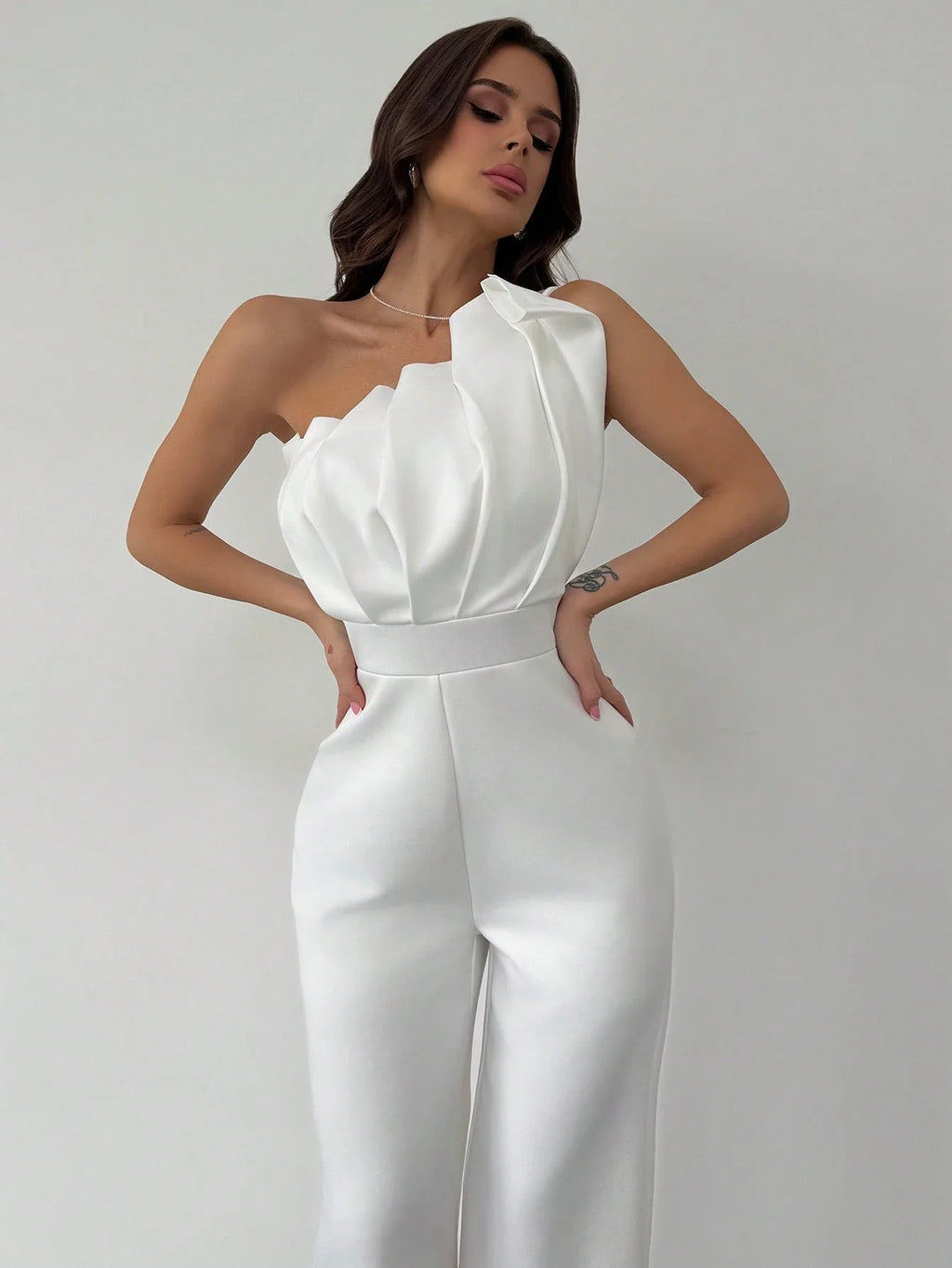 Macacão Feminino Elegante Plissado Um Ombro Só