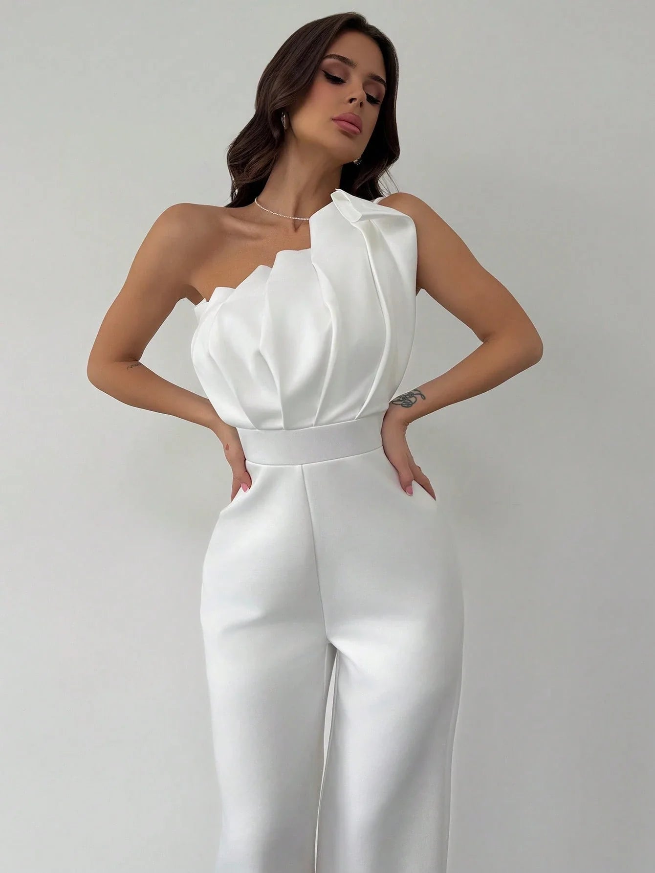 Macacão Feminino Elegante Plissado Um Ombro Só