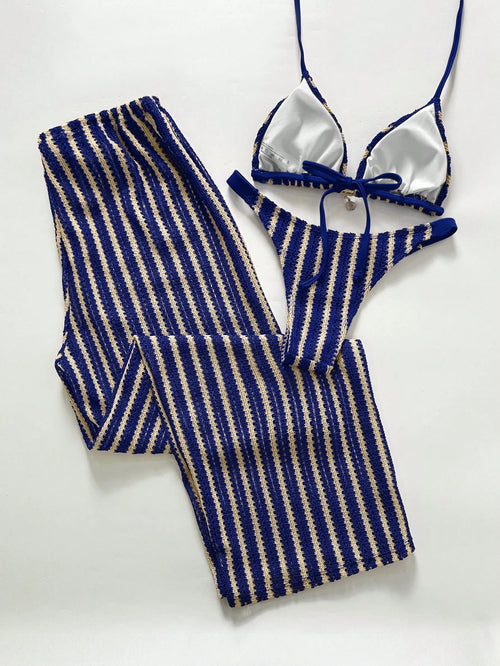 Biquíni de Crochê Listrado com Calça Saída de Praia