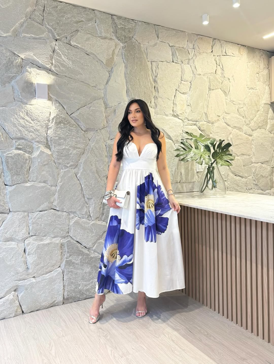 Vestido Longo Flor Azul