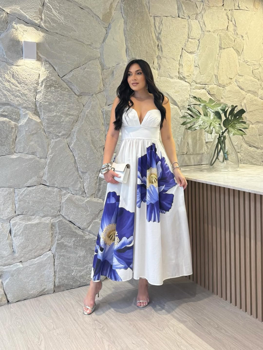 Vestido Longo Flor Azul