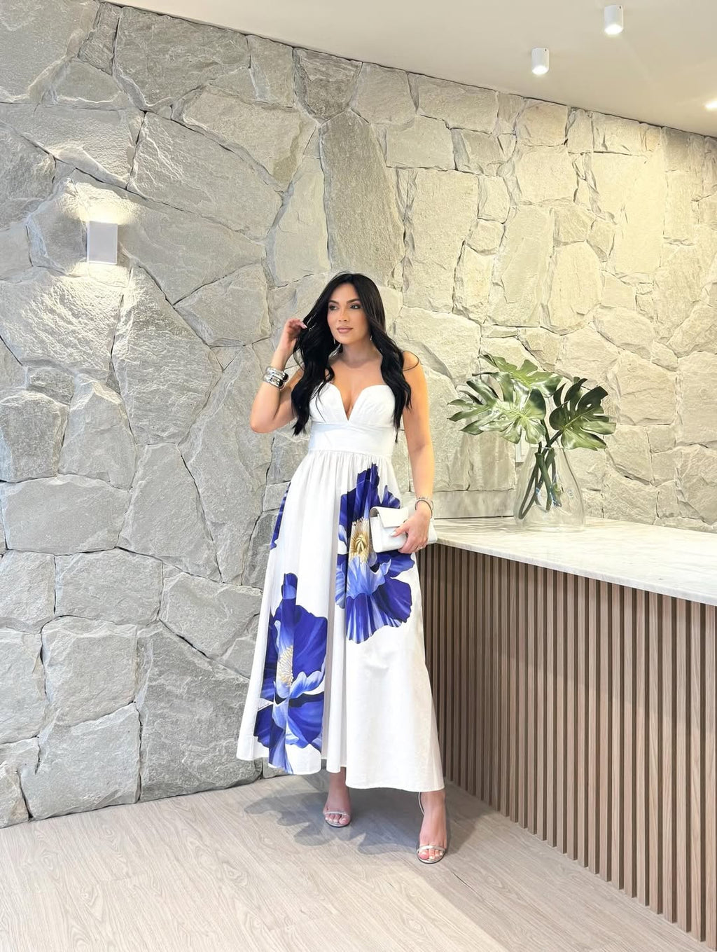 Vestido Longo Flor Azul