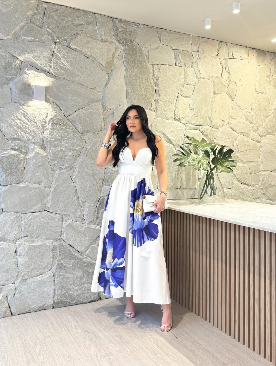 Vestido Longo Flor Azul