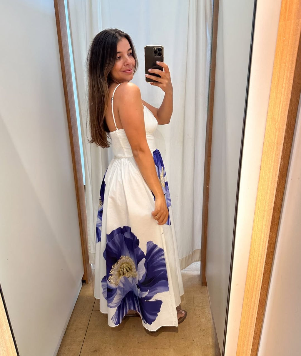 Vestido Longo Flor Azul