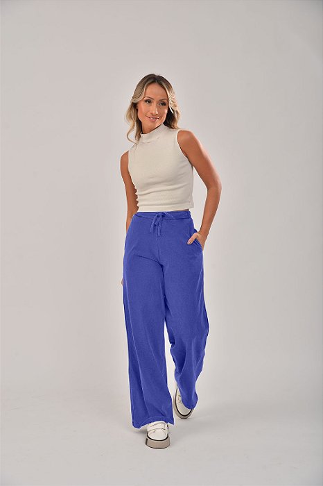 Calça Feminina Pantalona Estonada M/Malha Azul Royal